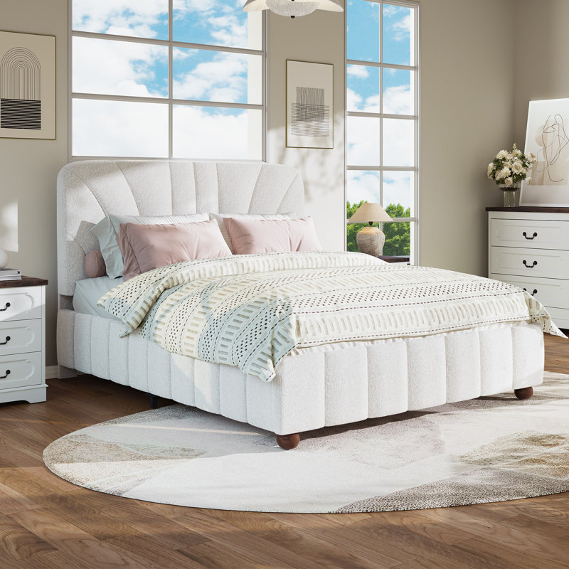 Full Size Boucle Bed Frame Upholstered Bed Frame with Adjustable Headboard, Solid Wood Slats Support, No Box Spring Needed, Easy Assembly