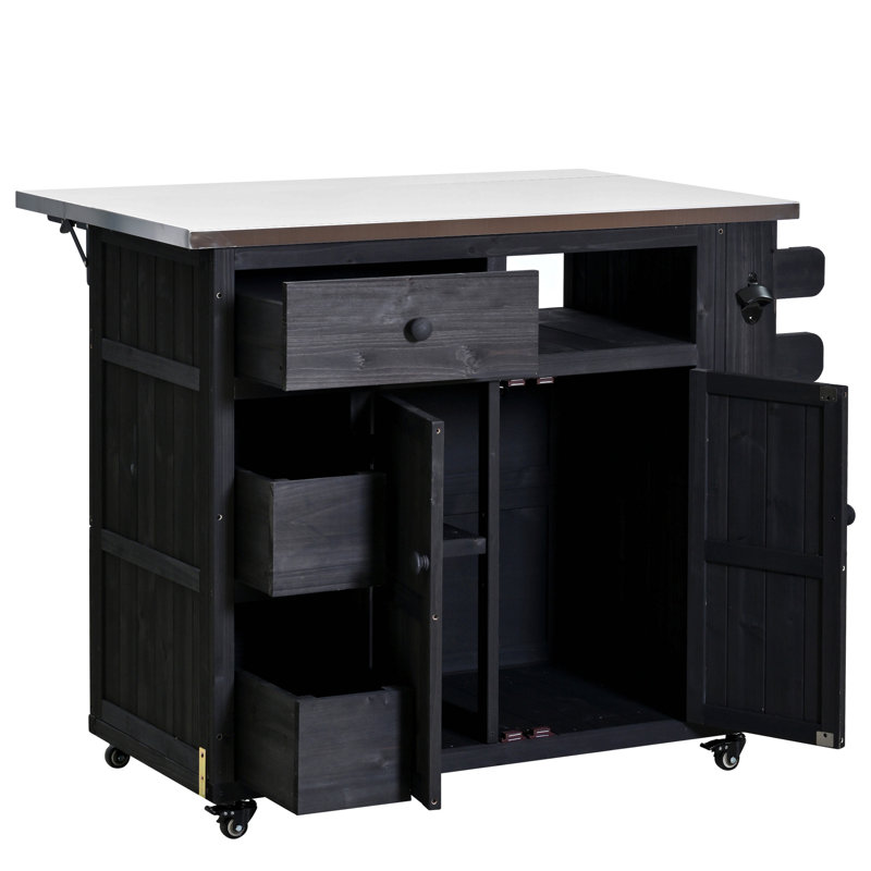 Outdoor Solid Wood Extendable 19.3''/28'' Kitchen Island, Stainless Steel Top Grill Table With Side Spice Rack, Kitchen Cart With Drawers, Storage Cabinet For Backyard, Bbq,Party