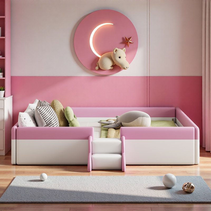 Upholstered Daybed Frame With Fence And Stairs, Queen, Pink