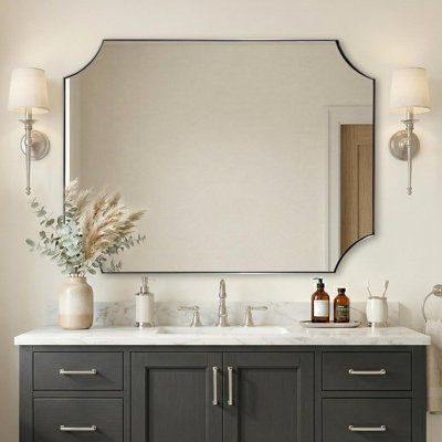  Tariro Contemporary Notched Corner Scalloped Rectangle Bathroom Vanity Mirror | Stainless Steel Frame