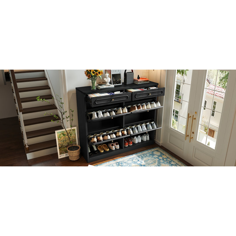 Farmhouse Black Wooden Shoe Cabinet With 4 Flip Drawers And 2 Storage Drawers | Gift Idea, Black
