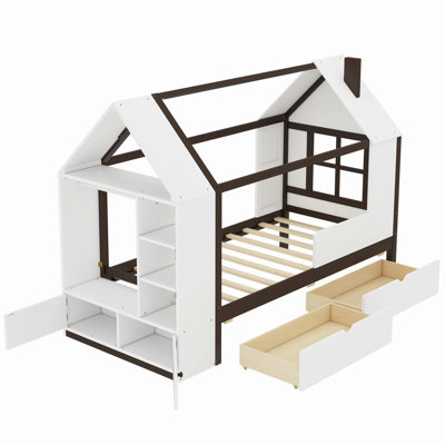 House Platform Bed with Drawers, Solid Wood House Bed with Shelves, Childlike Design