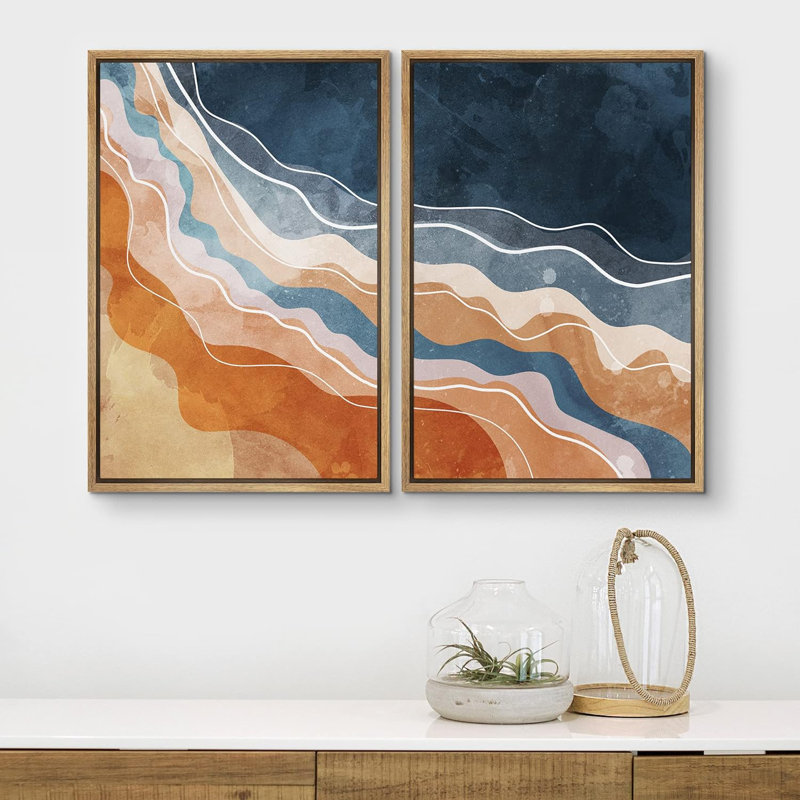Reproduction de formes abstraites sur toile à motif d'aquarelle bleu marine, orange et blanc, 2 pièces