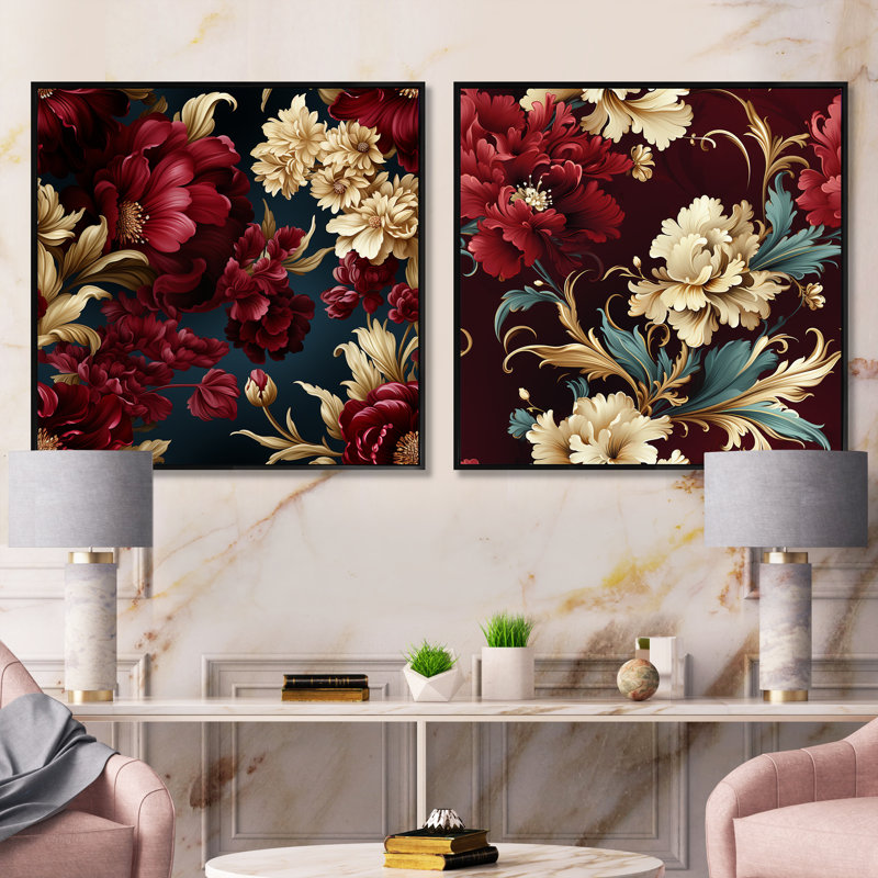 Ensemble de 2 motifs floraux Renaissance, Cadre flottant noir, H 16 po x l 33 po