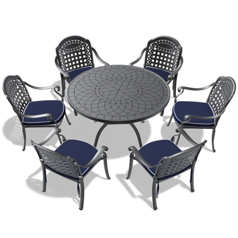 Ensemble de 7 pièces de mobilier de patio en aluminium coulé avec coussins bleus (Identique à: W1710S00560)