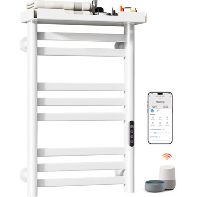 ENZE Smart Heated Towel Rack, 8-Bar Wall-Mounted Electric Towel Warmer 160W with Shelf, Wi-Fi App Control & LED Touch Screen, Adjustable Temperature & 24H Timer, IPX5, Plug-in/Hardwired, White