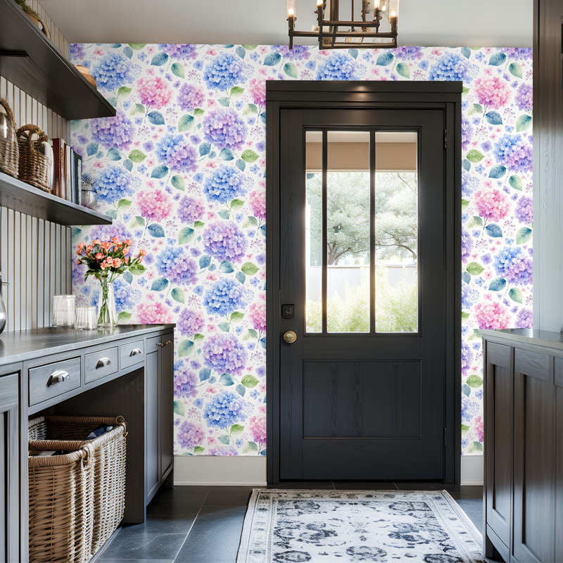 Papier peint adhésif peler et coller en PVC, revêtement mural auto-adhésif amovible avec aquarelle hortensias, imprimé floral mauve, imperméable pour la décoration intérieure - rouleau