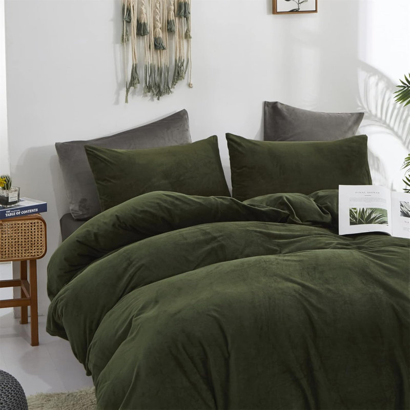 Ensemble d'édredon en velours vert armée Army Green Olive, Édredon grand + 2 taies d'oreiller standard, Green