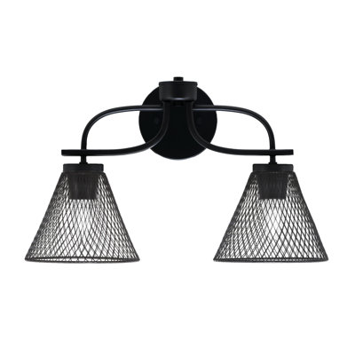 Faraan Cavella 2 Light Bath Bar Shown In Matte Black Finish With 7" Matte Black Cone Mesh Metal Shades