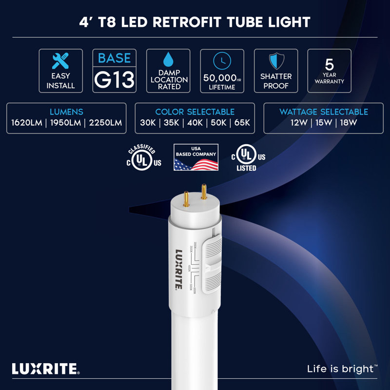 Tube lumineux DEL LUXRITE 4FT, T8, 12W / 15W / 18W, 5CCT 3000K-6500K, jusqu'à 2250LM, 220 °, compatible ballast, extrémité simple / double, homologué UL, homologué UL, paquet de 4