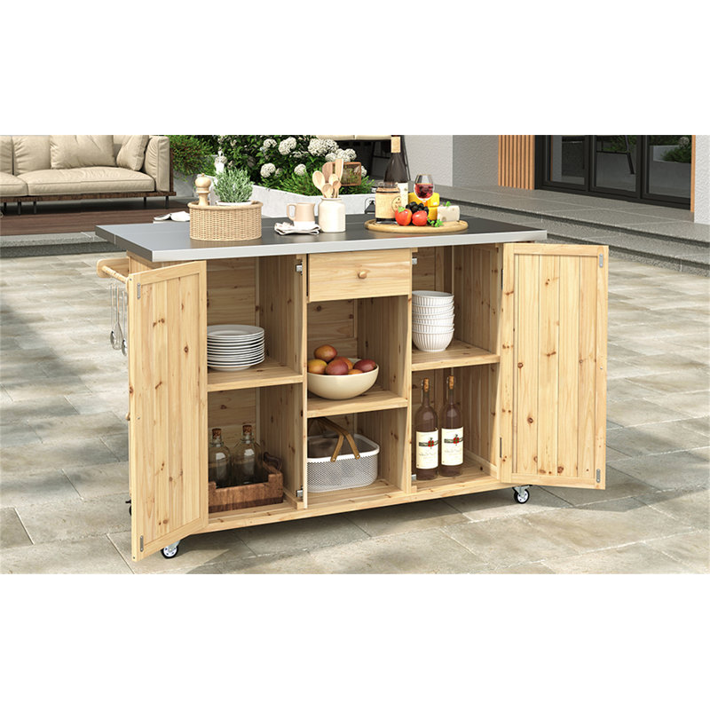 Outdoor Kitchen Island Fir Wood Kitchen Island With Stainless Steel Top, Natural