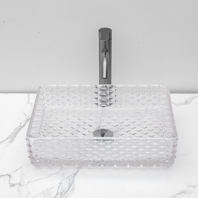 17.3" Rectangular Vessel Bathroom Sink Diamond Shaped Crystal Glass with Pop-Up Drain