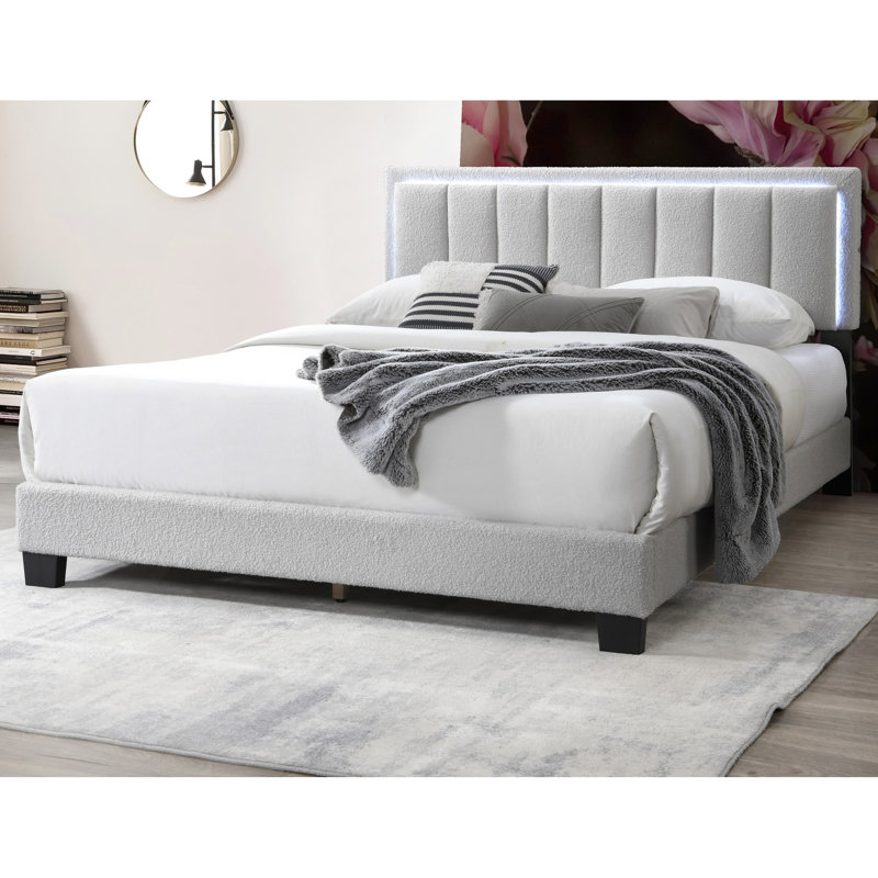 Contemporary Full Size Bed With Gray Wool Upholstery, Channel Tufting And Built-In Led Lights, Platform Setup Upholstered Headboard Structure