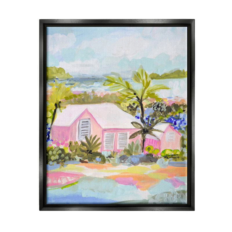 «Pink Tropical Cottage» par Karen Fields, Cadre flottant noir de jais, H 21 po x l 17 po x P 1,7 po