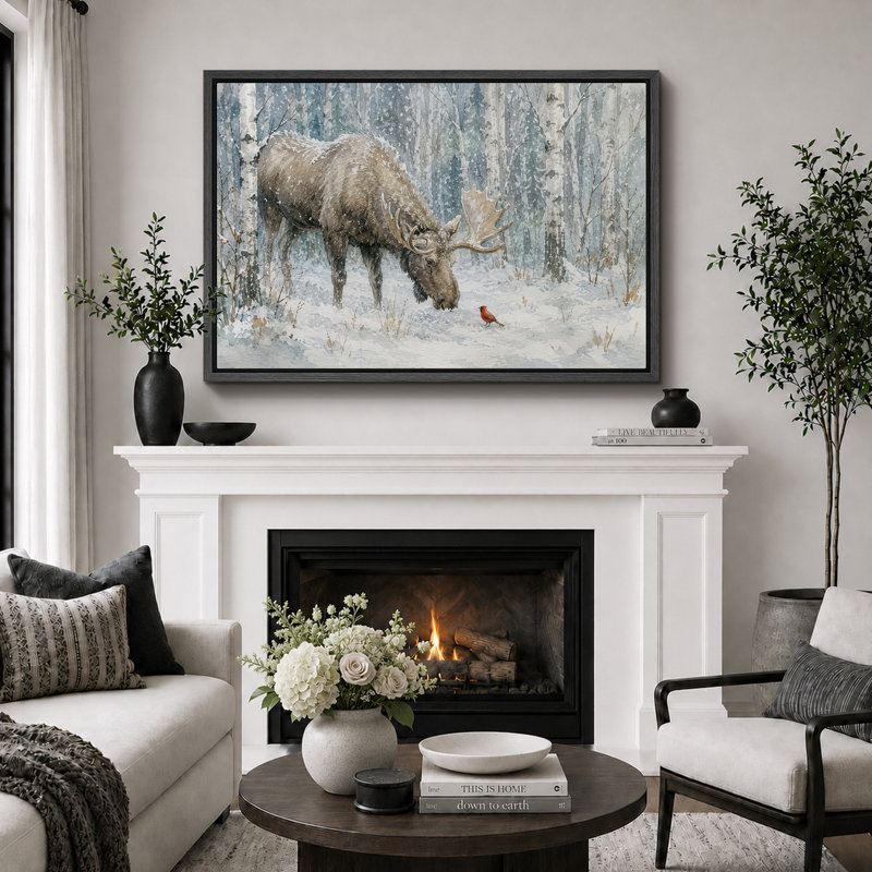«Winter Moose Forest», reproduction d'art giclée sur toile encadrée, H 16 po x l 24 po x P 1,5 po, Cadre noir