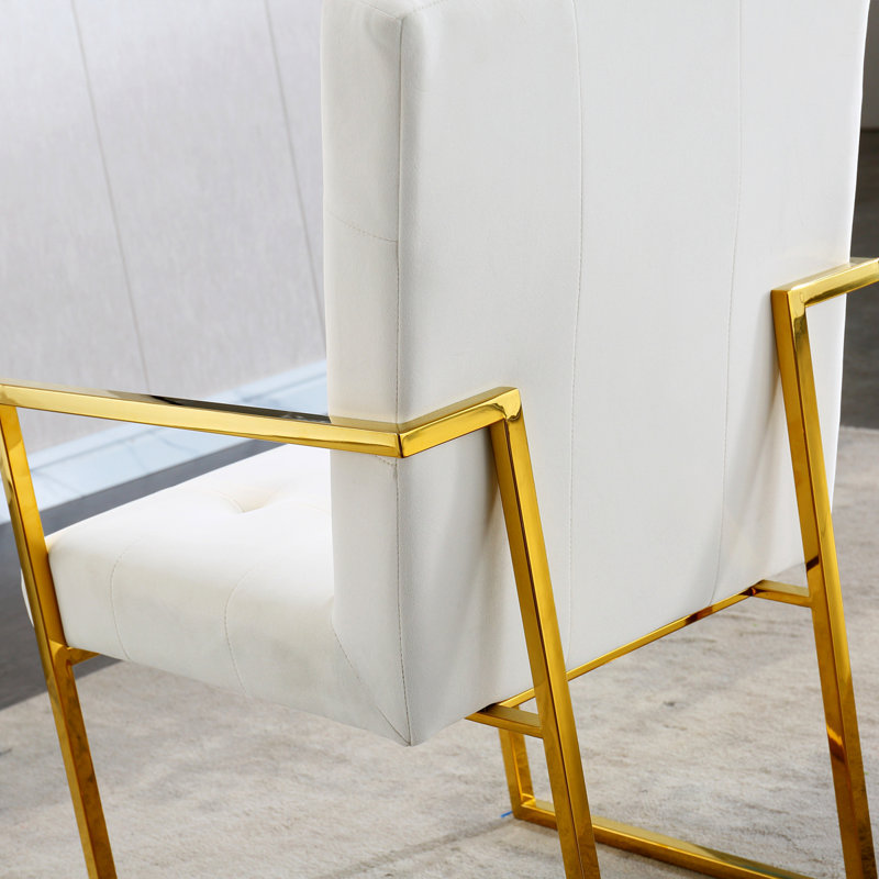 Chaise de salle à manger avec accoudoirs capitonnés et finition en acier inoxydable, Velours beige, Doré