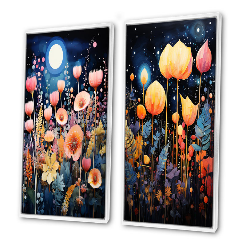 «Galaxy Night Botanical Plants», ensemble de 2 reproductions d'art sur toile, Cadre flottant blanc, H 28 po x l 25 po