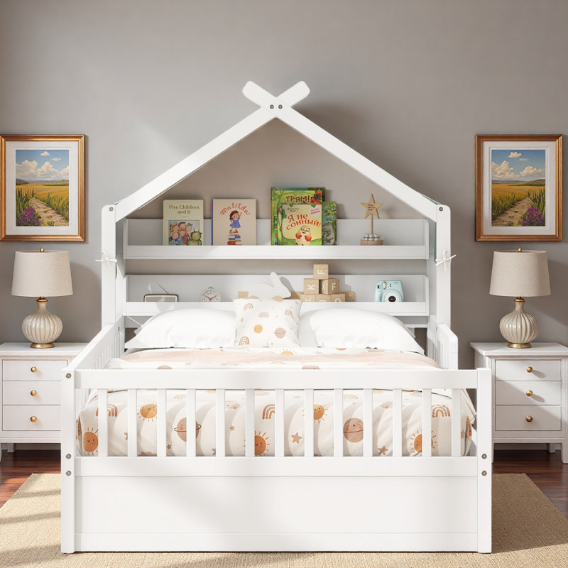 Wooden House Bed With Storage Headboard Shelves, Twin, White