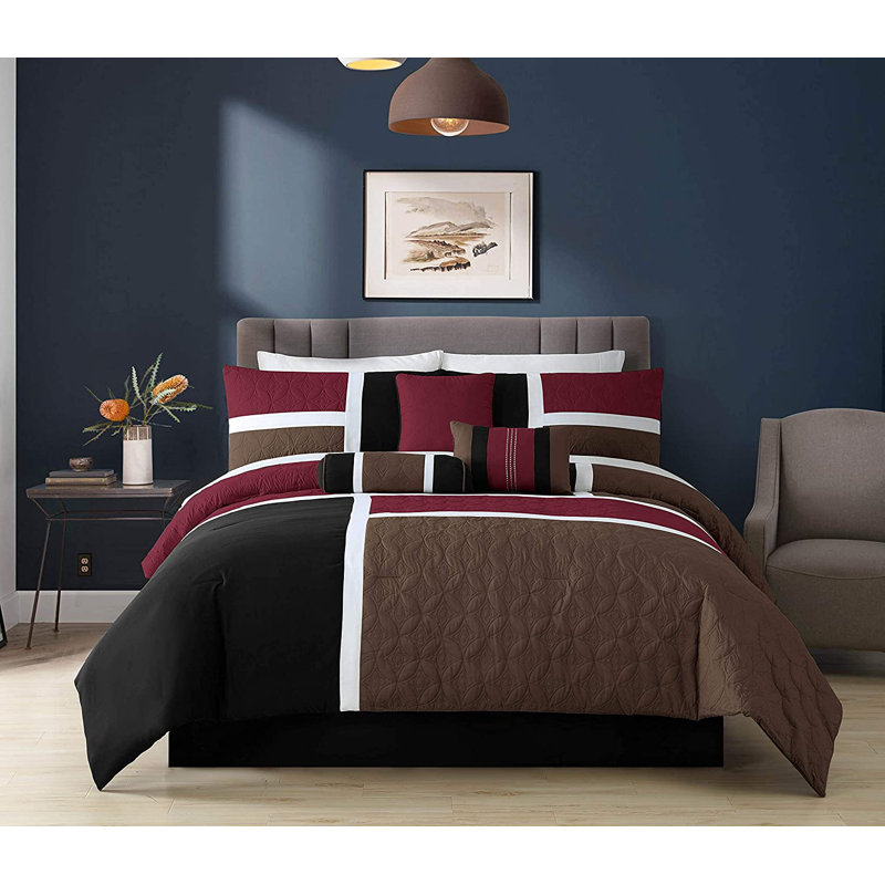 Upland Patchwork 7 Piece Comforter Set, Burgundy, Full Comforter +  6 Additional Pieces