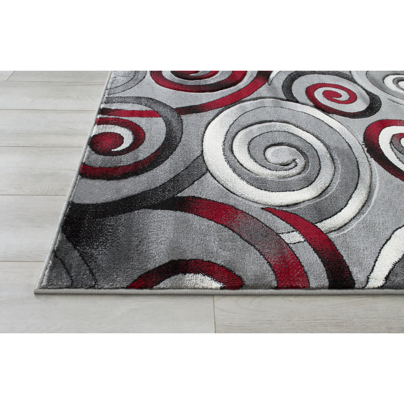 Tapis rouge/gris tissé à la machine Aftan, Rectangle de 7 pi x 10 pi 5 po