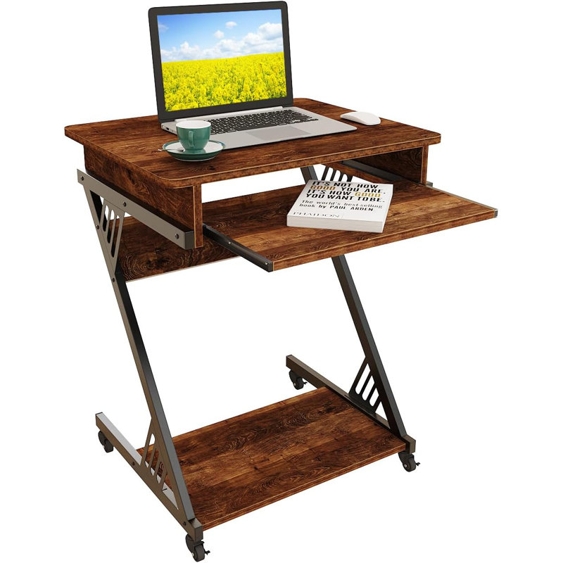 23.6" Z-Shaped Computer Desk with Keyboard Tray and Wheels, Compact Study Table for Small Spaces, Brown/Black