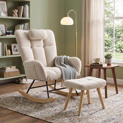Chaise berçante avec repose-pieds, chaise berçante Boucle avec dossier haut et coussin de tête, poches latérales, capacité de 300 lb, chaise d'allaitement confortable pour salon, chameau