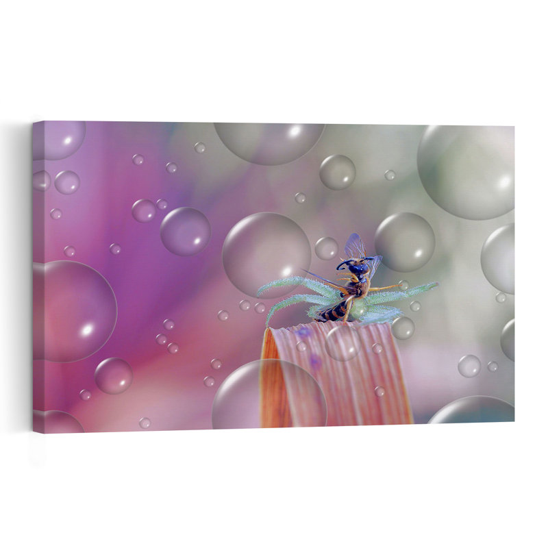 Wasp In Dreamy Bubbles Colorful Delicate Dreamy Bee Nature Plant Wall Art Print 1 Piece Wrapped Canvas Wall Art
