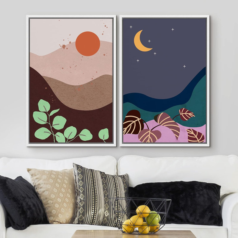 Sun & Moon Desert - ensemble de 2 reproductions, H 36 po x l 48 po x P 1,5 po, Cadre flottant blanc