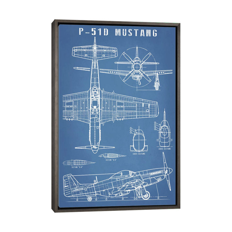 P-51 Mustang-imprimé rétro avion, H 60 po x l 40po x P 1,5 po, Toile encadrée de bois rustique foncé, Pas de tapis
