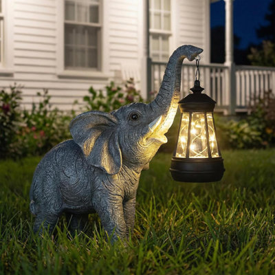 Solar Elephant Garden Statue With Lantern, Lighted Resin Figurine For Outdoor Yard Patio, Waterproof Luck Decor Gift