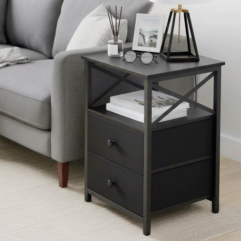 60cm H Small Nightstand with Charging Station, Black