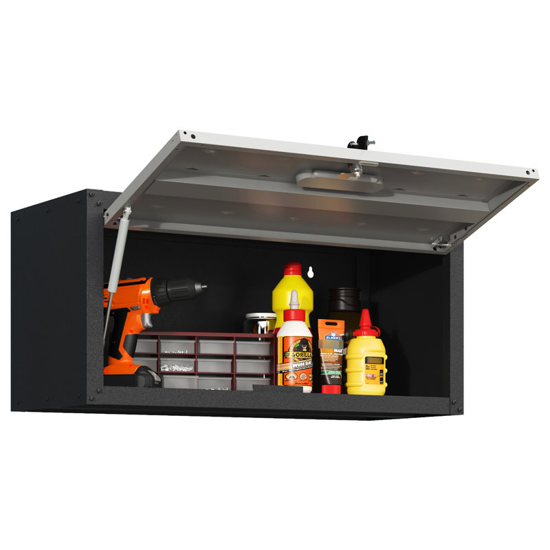 Armoire de garage murale - métal robuste. Vaste espace, verrouillage solide, porte hydraulique. 13,82 po H 11,93 po x P 30,3 po. Noir + gris. Rangement à outils en métal de style moderne