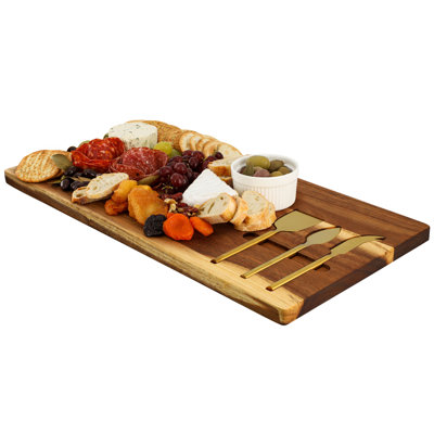  21 x 11 Inch Acacia Wood Cheese Board with 3 Piece Knife Set