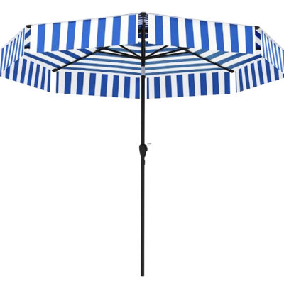 Parasol de table d'extérieur ventilé à 2 niveaux de 8,6 pi avec manivelle, 8 baleines, auvent inclinable, protection solaire Upf 30+, bleu marine et blanc, pour les espaces ombragés deux conceptions, détente