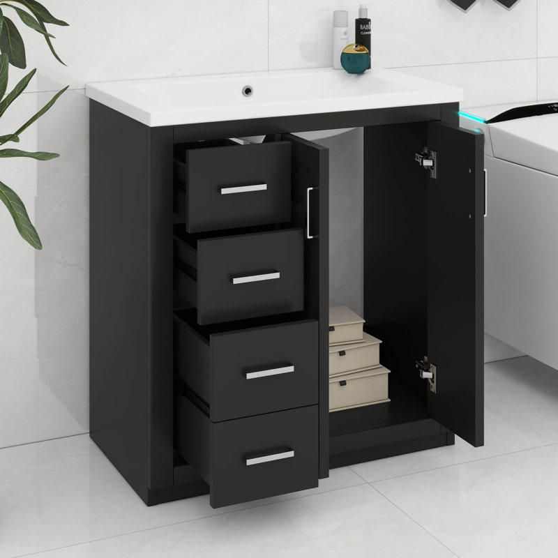 Ensemble de meuble-lavabo 30 po avec lavabo en céramique, 3 tiroirs et portes à fermeture douce, Noir, Argent argent
