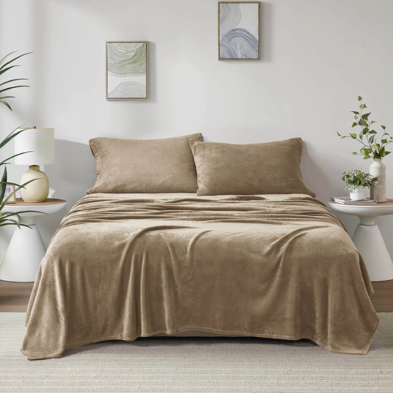 Très grand drap 4 pièces taupe - 100% ultra doux et confortable brossé des deux côtés avec des draps-housses plats 2 taies d'oreiller de couleur lavable à la machine entièrement élastique