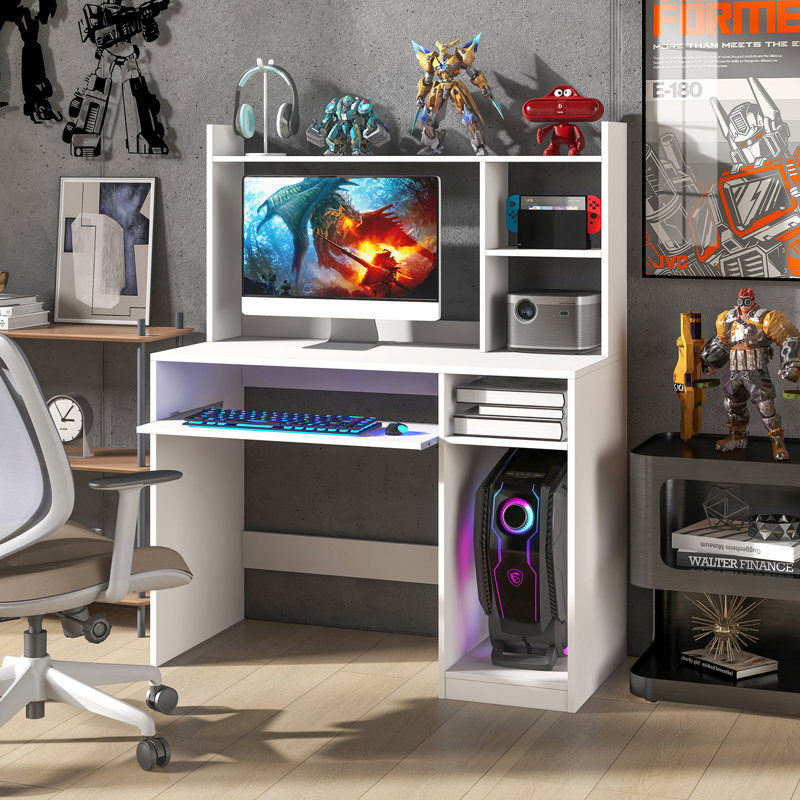Clarance Computer Desk w/ Charging Station 43.5” Gaming Table Workstation w/ Keyboard Tray CPU Stand