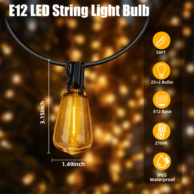WYZM 50FT LED Outdoor String Lights with 25+2 Shatterproof Bulbs, 2700K Warm White, IP65 Waterproof, Outside Hanging Lights for Garden, Deck, Pergola