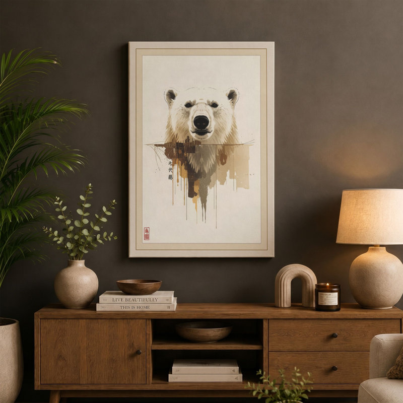 Bear Dissolving Japandi - Wrapped Canvas, 30x20 - 76.2 x 50.8 cm, Teal Border