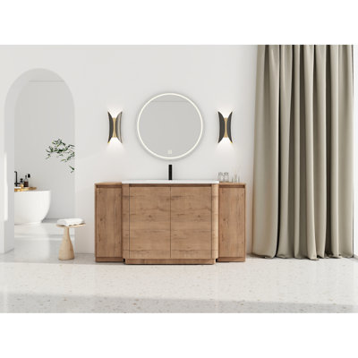 64'' Freestanding Vanity For Bathroom With White Ceramic Sink, Two Small Storage Cubicles, Soft - Closing Mechanism, Imitative Oak Color, Plywood Material Spaces, Hinges, Style, Base