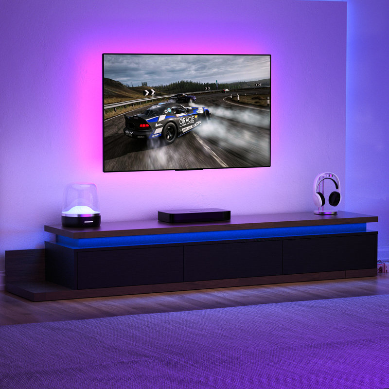 Extendable TV Stand With Led Lights, Modern Reversible TV Console, Black