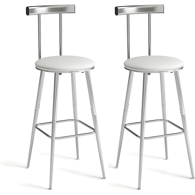 Ensemble de 2 tabourets de bar à hauteur de comptoir industriels avec dossier et repose-pieds, sièges revêtus de polyuréthane, argenté