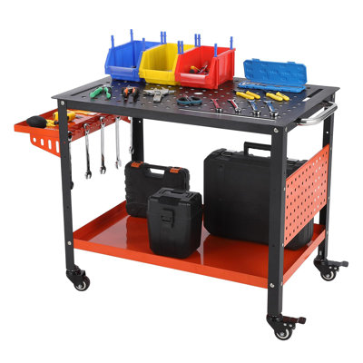 Table de soudage 36 po x 24 po avec roues et rangement, établi en acier robuste avec panneau perforé et fentes à outils pour garage