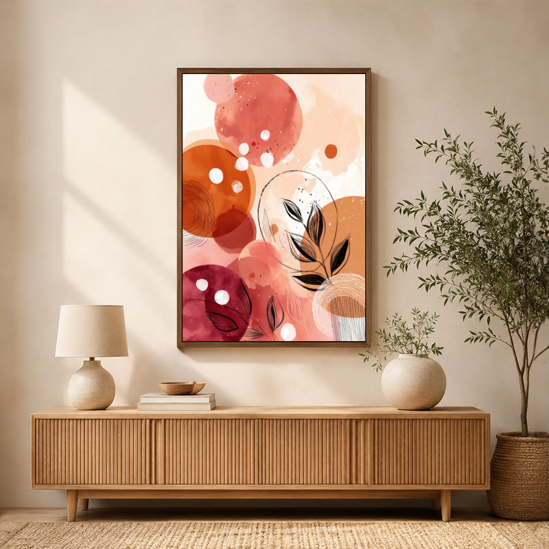 "Botanical Circles & Leaves", art mural sur toile avec cadre flottant, prêt à être suspendu, 20 x 30 po, Brun
