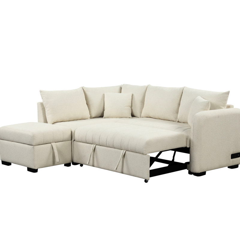 Canapé-lit modulaire en L escamotable, beige, avec lit de rangement moderne avec 2 ports et prises de courant pour un espace