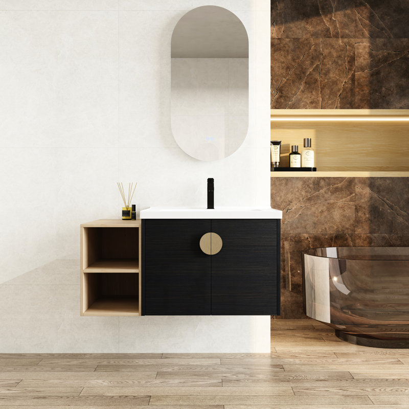 Armoire de salle de bain avec lavabo de 40 pouces, châtaignier noir, portes à fermeture en douceur, meubles fixés au mur, châtaignier