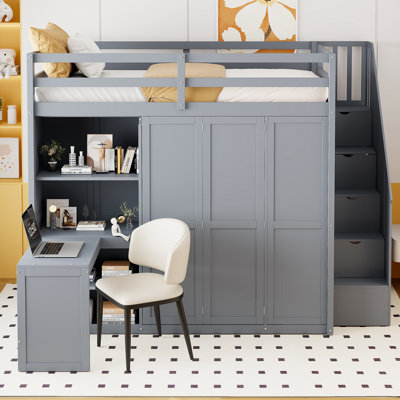 Loft Bed With Stairs, Desk, Bookcase And Built In Storage Dressing Room