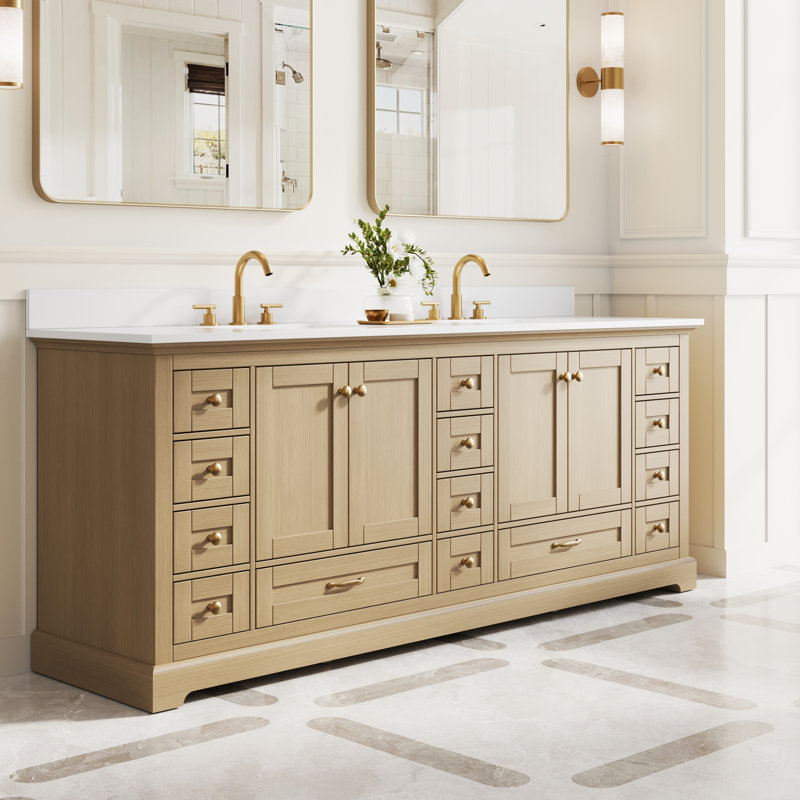 84''Wx34.2''H Freestanding Bathroom Vanity With White Cultured Marble Countertop And Sink,Oak, Oak, Gold, 84"