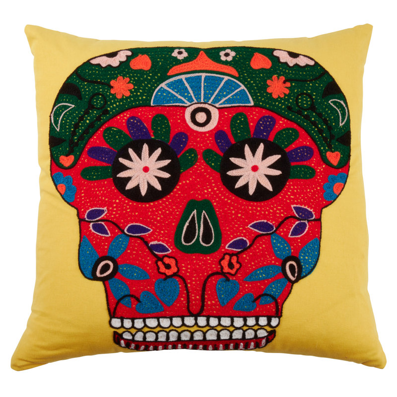 Yellow Cotton 18" Square Bright Sugar Skull Pillow