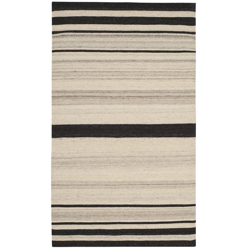 Emek Hand Woven Flat Weave H. S. Wool/Cotton Striped Rug in Black/Tan, Rectangle 9' x 12'
